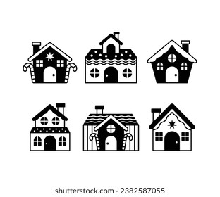 set of houses winter christmas decoration icons vector design collections black white simple modern style isolated