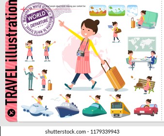 A set of housewife on travel.There are also vehicles such as boats and airplanes.It's vector art so it's easy to edit.