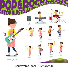 A set of housewife playing rock 'n' roll and pop music.There are also various instruments such as ukulele and tambourine.It's vector art so it's easy to edit.