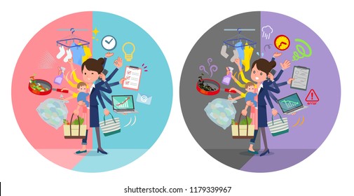 A set of housewife who perform multitasking in offices and private.There are things to do smoothly and a pattern that is in a panic.It's vector art so it's easy to edit.