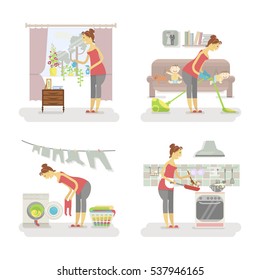 Set of housewifes in funny cartoon style for infographic. Homemaker is cleaning, ironing, cooking, wash and child rearing. Housewife vector illustration. Housewife on home interior in different poses.