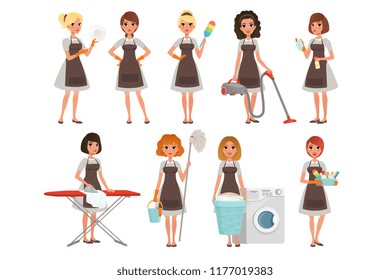 Set of housewives with different equipment. Housekeeper. Cleaning service. Pretty women wearing gray dresses and brown aprons. Cartoon young girls. Flat vector design