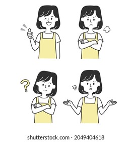 A set of housewives wearing aprons with various facial expressions
