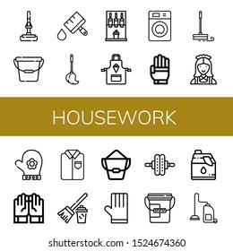 Set of housework icons. Such as Mop, Bucket, Paint brush, Machine, Apron, Washing machine, Glove, Maid, Hand glove, Gloves, Ironed, Broom, Roller, Cleaner, Vacuum cleaner , housework icons