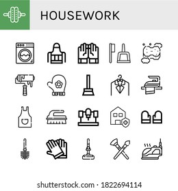 Set of housework icons. Such as Roller, Washing machine, Apron, Gloves, Brush, Sponge, Hand glove, Broom, Laundry, Iron, Machine, Clean house, Toilet brush, Mop , housework icons