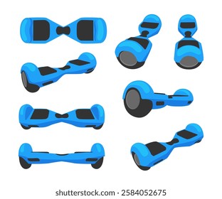 Set of hoverboard collection, autonomous scooter transport on two motorized wheels connected by a pair of articulated support, Scooter, Skateboard, Roller skate icon or logo set various views