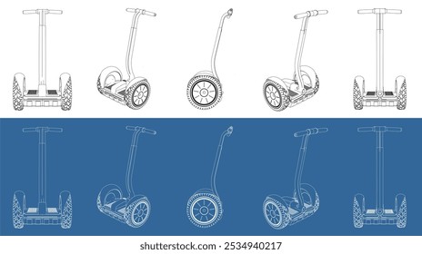 Set hoverboard with handle vector . electric transportation line art draw blueprint technical drawing from all view top corner side back isolated in transparent background 