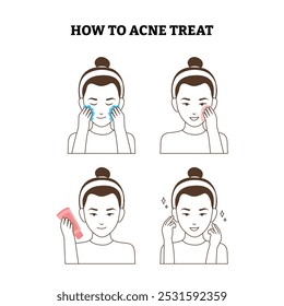 Set of how to acne treat step by step infographic guide poster design, clean the face for the girl. To clear acne and bright face. apply facial mask to treat acne tutorial, vector illustration.