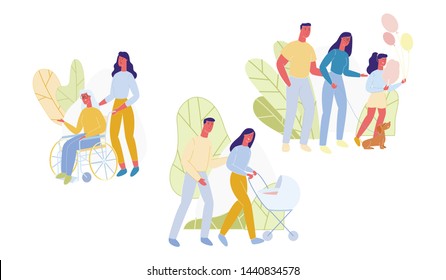 Set How Children Grow Up and Parents Grow Old. Woman is Wheeling an Elderly Mother. Parents with Daughter and Dog Walk Around City. Husband and Wife Walk with Stroller around City.
