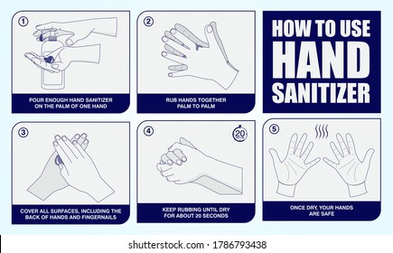 set of How to use hand sanitizer properly in monochrome mode, step by step How to use hand sanitizer correctly for prevent virus or how to use disinfectant hands concept.