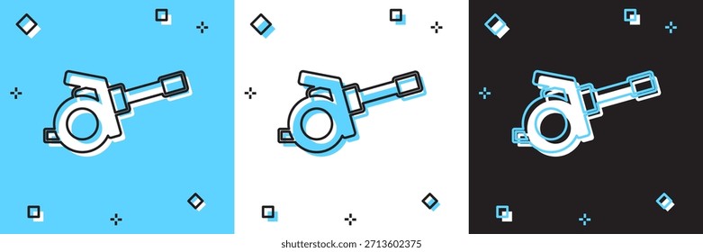 Defina o ícone Howitzer isolado no plano de fundo azul e branco e preto. Atirar de uma arma. Artilharia.  Vetor