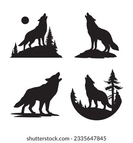 Set of howling wolf silhouette vector