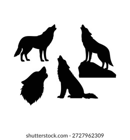 Set von heulenden Wolf Silhouette Vektorgrafik flach Design. Heulender Wolfskopf.