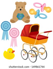 Set of HQ Objects for Newborns (Male & Female) - Pacifier, Nipple, Baby carriage, Yellow Duck, Teddy bear, Ribbon, Rosette. Isolated on white. See others on "Objects" set.
