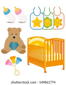 Set of HQ Objects for Newborns (Male & Female) - Baby bottle, Cradle, Cot, Crib, Bib, Rattle, Teddy bear. Isolated on white. Suitable for advertising, editorial graphics. See others on "Objects" set.