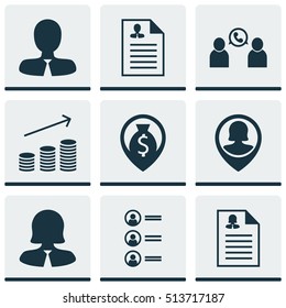 Set Of Hr Icons On Coins Growth, Manager And Female Application Topics. Editable Vector Illustration. Includes Female, Map, Application And More Vector Icons.