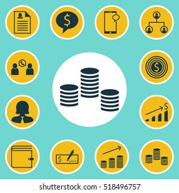 Set Of Hr Icons On Messaging, Coins Growth And Female Application Topics. Editable Vector Illustration. Includes Phone, Profile, Bank And More Vector Icons.