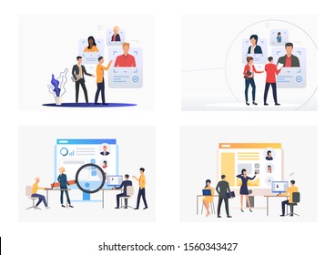 Set of HR managers searching for resources. Flat vector illustrations of managers hiring staff. Recruitment concept for banner, website design or landing web page