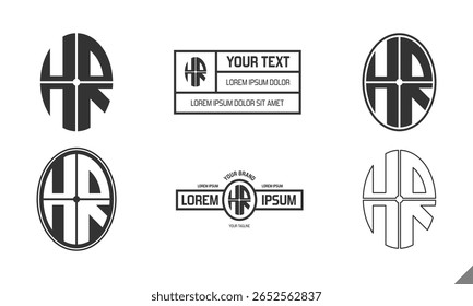 Conjunto de modelos de logotipo de monograma de RH em estilos circulares e ovais modernos, ideal para marca, identidade comercial ou design baseado em iniciais. Formato vetorial totalmente editável.