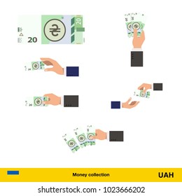 Set of  hryvnia banknote. Holding, throwing  hryvnia banknote.