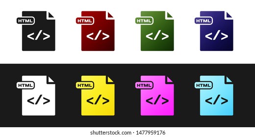 Set HTML file document. Download html button icon isolated on black and white background. HTML file symbol. Markup language symbol.  Vector Illustration