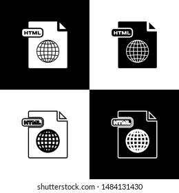 Set HTML file document. Download html button icon isolated on black and white background. HTML file symbol. Markup language symbol.  Vector Illustration