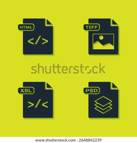 Set HTML file document, PSD, XSL and TIFF icon. Vector