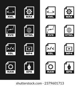 Set HTML file document, , XML, MAX, XSL and MP4 icon. Vector