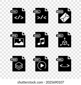 Set HTML file document, XSL, MSG, PSD, GIF, XML, JPG and WAV icon. Vector