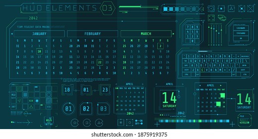 A set of HUD calendars elements for a futuristic interface.
