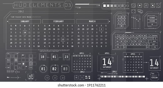 A set of HUD calendars elements for a futuristic interface.