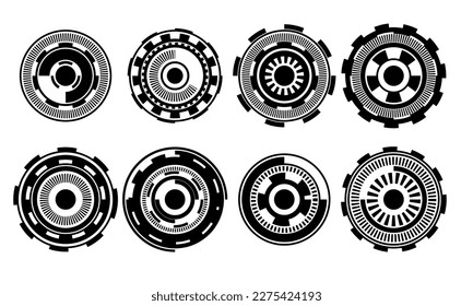 Set of HUD circle modern user interface elements design technology cyber black on white futuristic vector illustration.