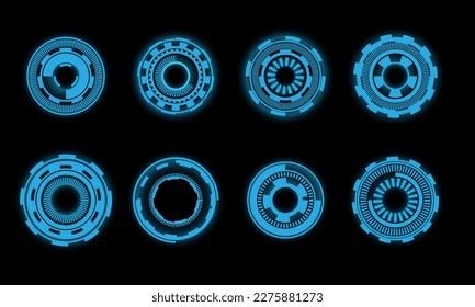 Set of HUD circle modern user interface elements design technology cyber blue on black futuristic vector illustration.