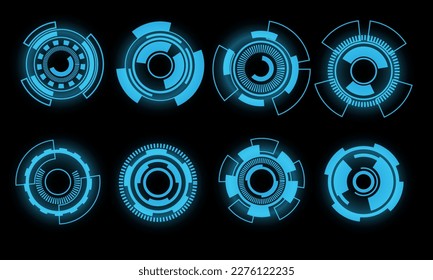 Set of HUD circle modern user interface elements design technology cyber blue on black futuristic vector illustration.