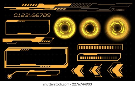 Set of HUD circle modern user interface elements design technology cyber yellow on black futuristic vector illustration.