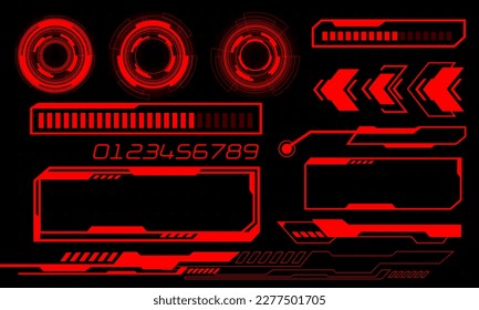 Set of HUD circle modern user interface elements design technology cyber red on black futuristic vector illustration.