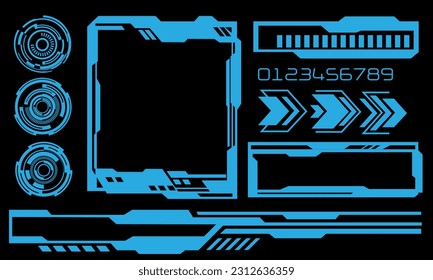 Set of HUD circle modern user interface elements design technology cyber blue on black futuristic vector illustration.