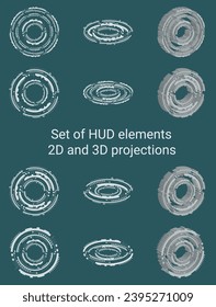 set of HUD elements in 2D and 3D projections for design, websites, diagrams, technologies, cards, invitations, instructions, flyers, project, engineering