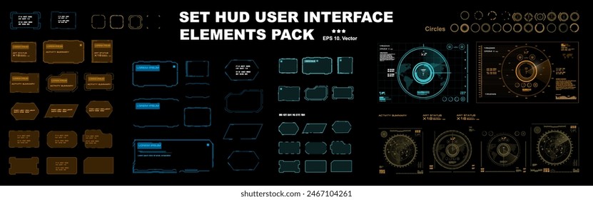 Set of HUD elements frames, windows, dialog frames, radars, sights and circles for the HUD user interface. Modern dialog boxes, frames and interface elements. Big vector set of HUD elements