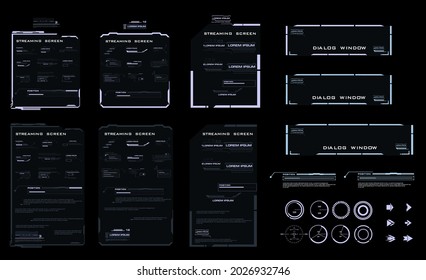 Set  HUD elements for the user interface. Modern dialog boxes and pointers. Digital streaming screen with HUD, GUI, UI elements