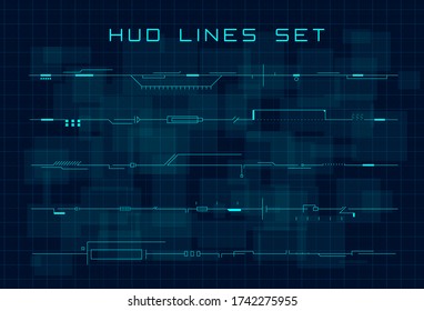 Set of HUD futuristic header, footer and line elements on dark hi tech background. Design elements for web, banner, flyer, music event. Editable stroke. Good for animation. Vector