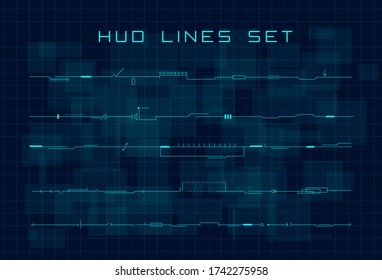 Set of HUD futuristic header, footer and line elements on dark hi tech background. Design elements for web, banner, flyer, music event. Editable stroke. Good for animation. Vector