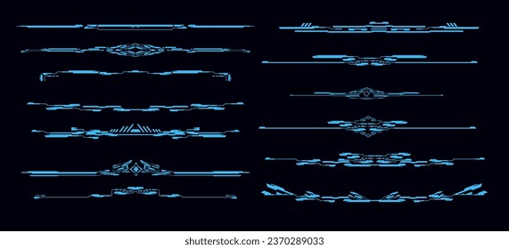 Conjunto de ilustración vectorial de elementos de interfaz HUD futurista de encabezado y pie de página. Juego ui formas infográficas abstractas. Plantilla de ciencia ficción de separador de borde y de texto.