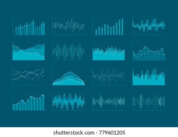 Set of HUD and infographic elements. Data analysis and analytics visualization. Futuristic user interface. Vector illustration isolated on dark background