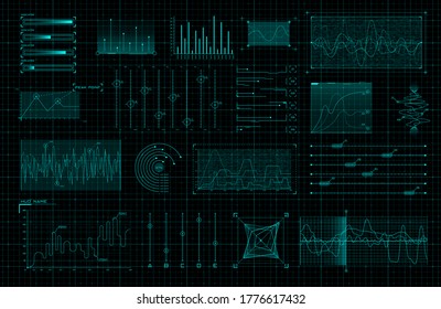 Set of HUD infographic elements. Sci-fi charts and diagrams for futuristic user interface and GUI. Big data analytics theme. FUI virtual graphics. Editable stroke. Vector