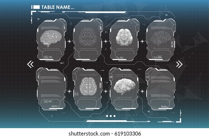 set of HUD infographic panels with brain. Head-up display banners for the web and app. Futuristic user interface. Virtual graphic.