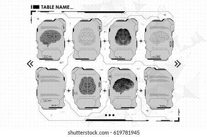 set of HUD infographic panels with brain. Head-up display banners for the web and app. Futuristic user interface. Virtual graphic.