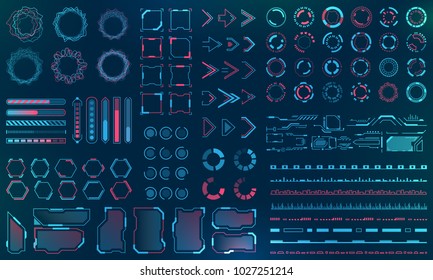 Set HUD Interface Elements - Lines, Circles, Pointers, Frames, Bar Download for Web Applications, Futuristic UI - Illustration Vector