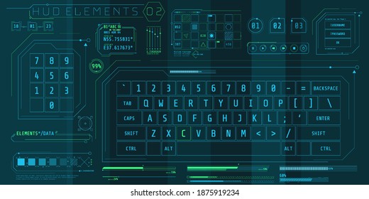 Un conjunto de elementos de teclados HUD para una interfaz futurista.