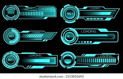 Conjunto de barras de progreso de carga modernas HUD elementos de interfaz de usuario diseñan tecnología ciberazul sobre ilustración vectorial futurista negra.